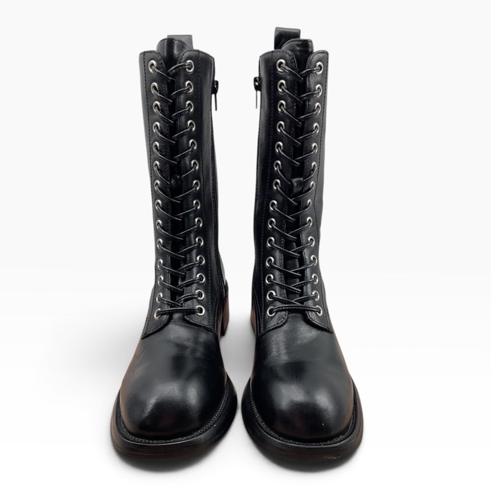 Jeffrey Campbell Womens Black Leather Mid Calf Lace Up Combat Boots Side Zip